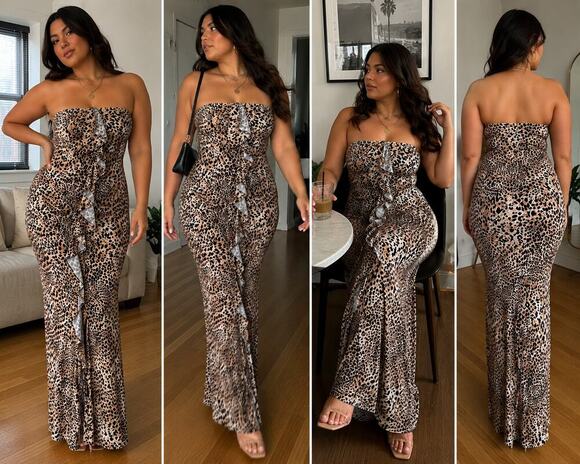cleo Dresses & Skirts - Cleo Leopard Print Strapless Ruffle Maxi Dress Women's S Animal Print Bodycon
